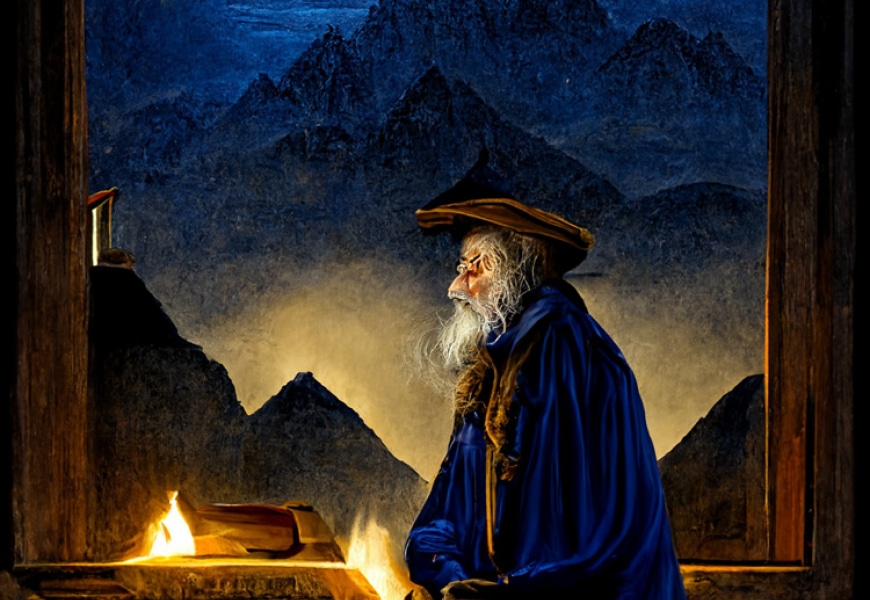 Image générée avec l’IA :  "Un vieux mage avec une cape bleue et une longue barbe lit un vieux manuscrit, dans une bibliothèque médiévale éclairée à la bougie"​