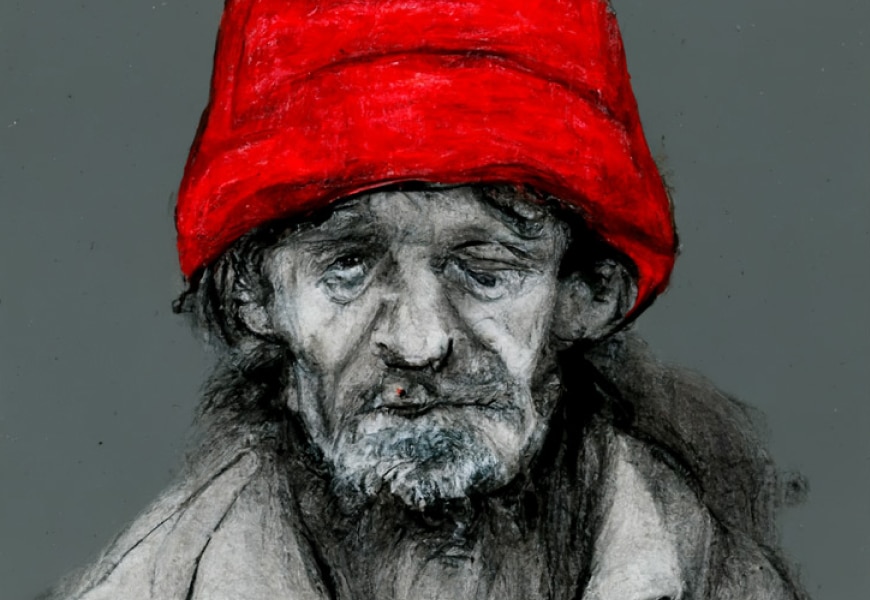 Image générée avec l’IA : croquis d'un sans-abri avec un chapeau rouge