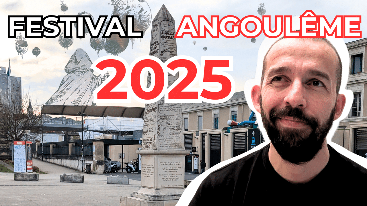 Vignette YouTube pour le vlog du Festival BD d'Angoulême 2025 - Portrait souriant devant l'obélisque de la ville