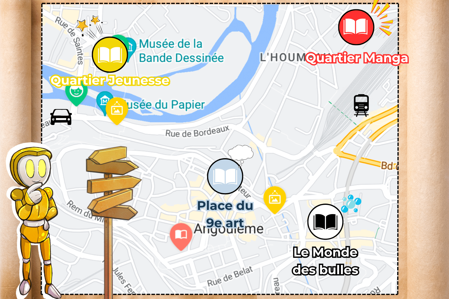 Plan interactif illustré du Festival BD d'Angoulême 2025 avec un personnage mascotte indiquant les différents quartiers du festival