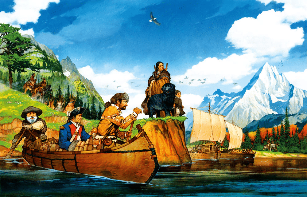 Illustration historique de l'expédition Lewis & Clark naviguant en canoë