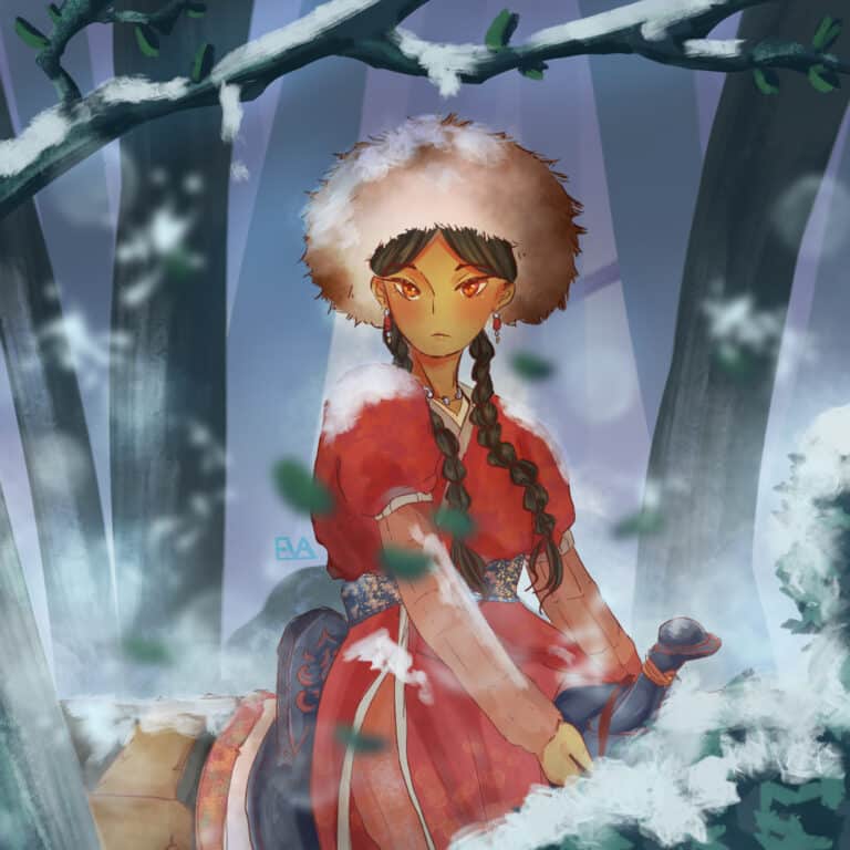 Illustration d'Eva montrant un personnage féminin en tenue rouge hivernale dans un paysage enneigé, symbolisant son renouveau artistique